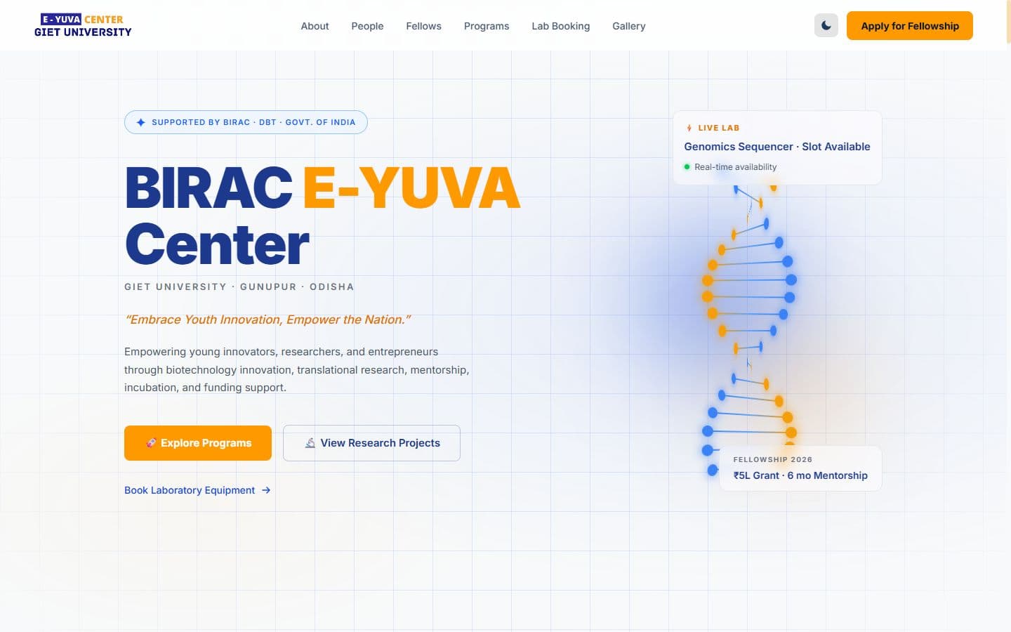 The E-YUVA Center hero in the light theme: the DNA helix beside the headline, with live-lab and fellowship cards.