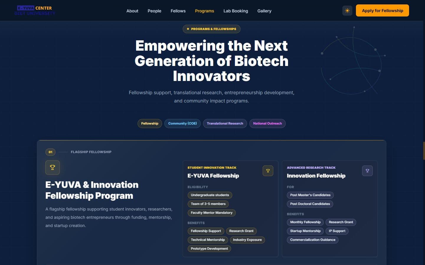 The Programs and Fellowships section: flagship fellowship program with student and advanced research tracks.