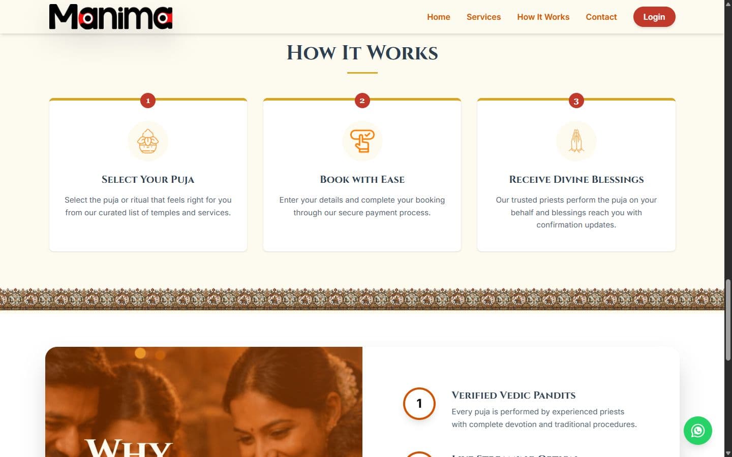 Manima Online's three-step flow: select your puja, book with ease through the secure payment process, receive blessings with confirmation updates.