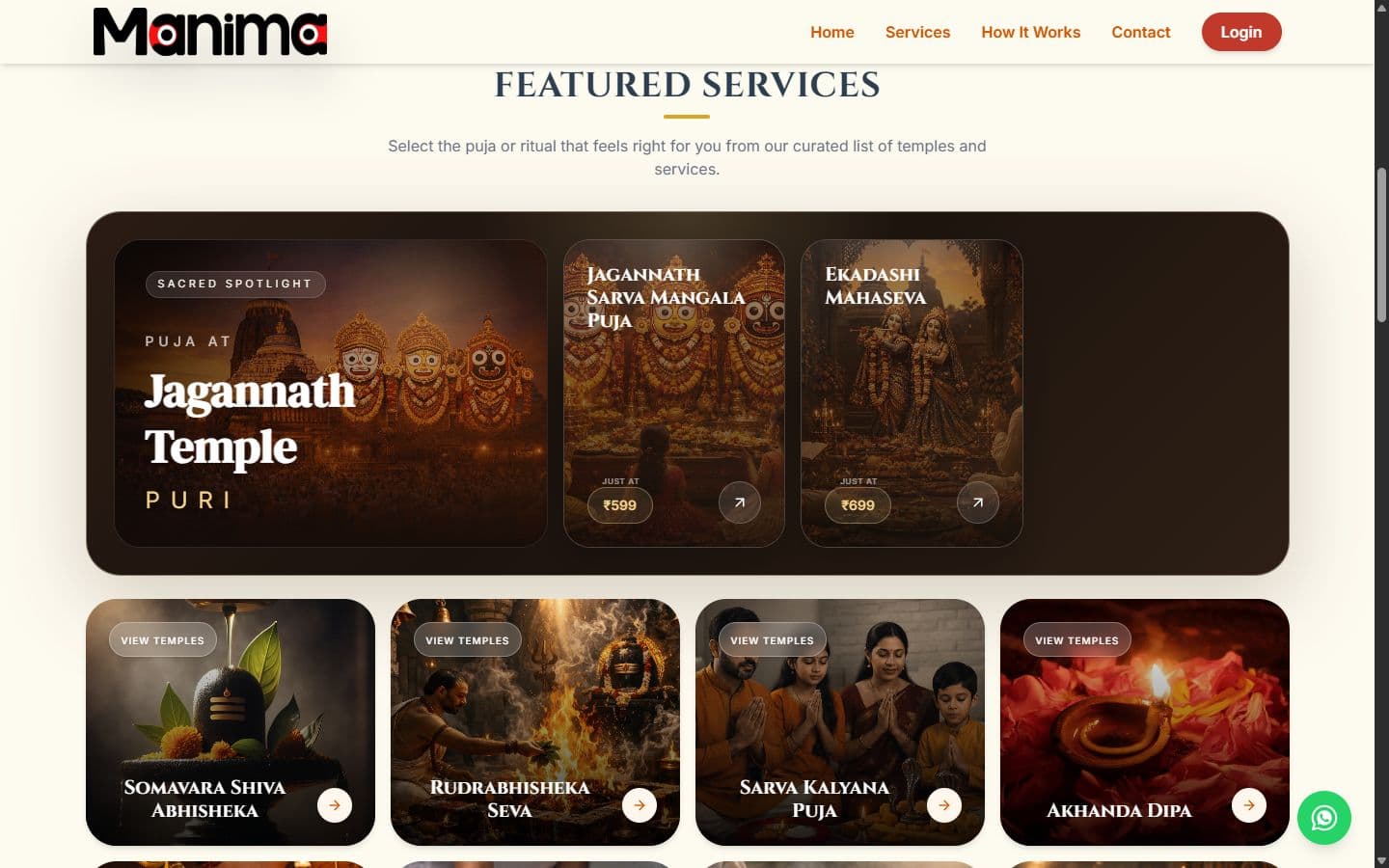 Manima Online's featured services: a spotlight temple and a grid of pujas to choose from, with prices.