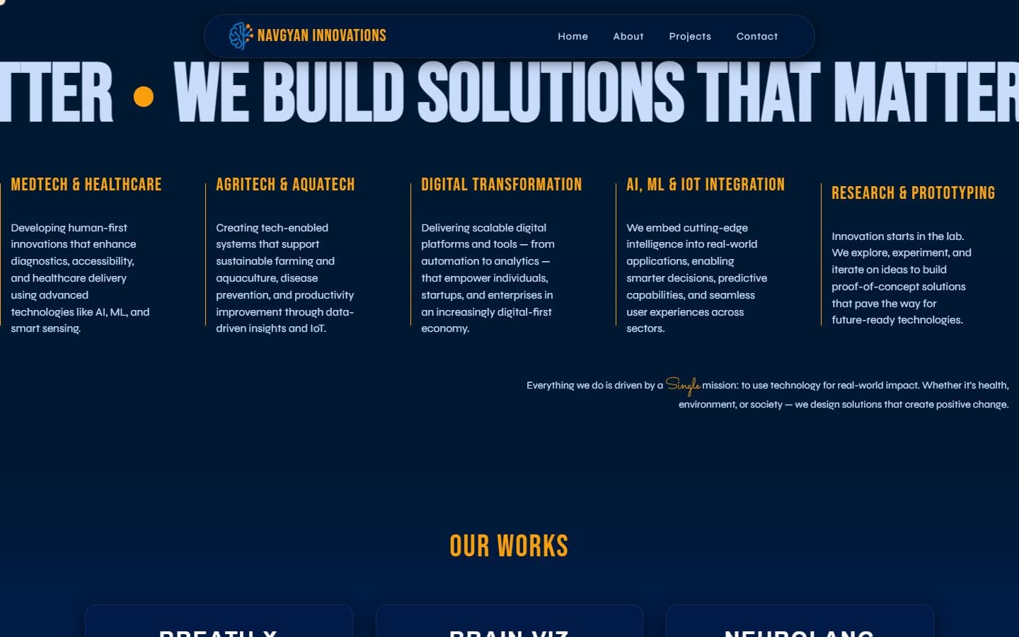 The Navgyan Innovations page: a large scrolling 'we build solutions that matter' headline above five focus areas.