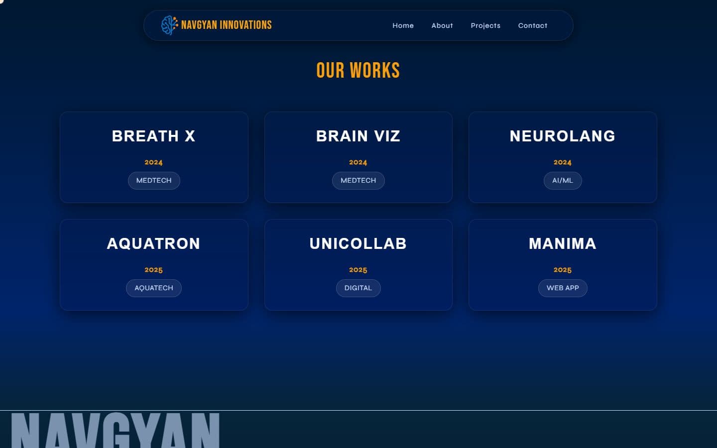 The 'Our works' section: six project cards for Breath X, Brain Viz, Neurolang, Aquatron, Unicollab and Manima.